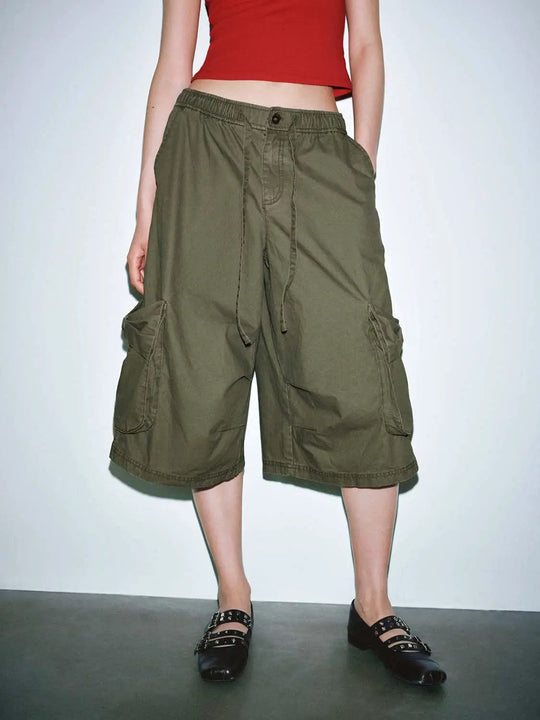 Cotton Patch Pocket Drawstring Wide Leg Cropped Pants