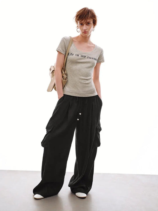 Linen-Viscose Blend Wide Leg Cargo Pants