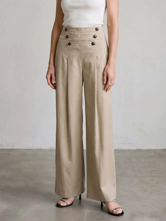 Pleated Button-Detail Waist Wide-Leg Pants