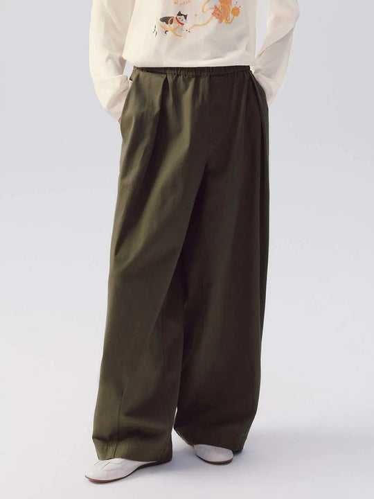 Cotton Pleated Front Wide Leg Pants