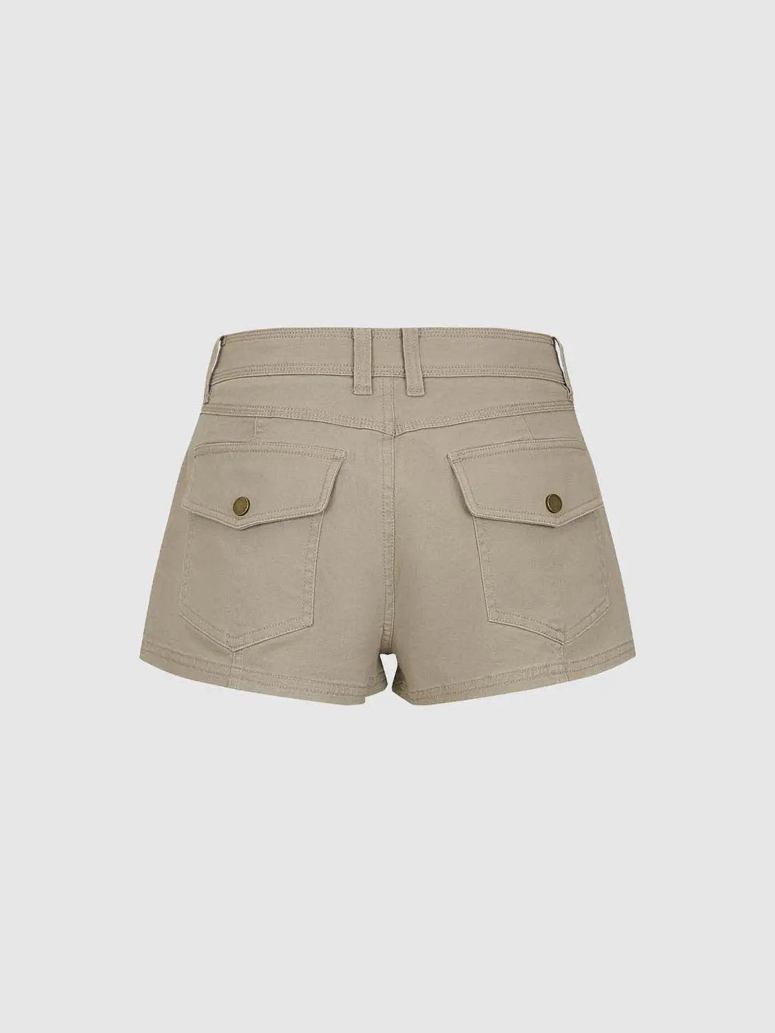 Cotton stretch cargo shorts khaki with flap pockets, belt loops, D-ring hardware and topstitch detailing.
