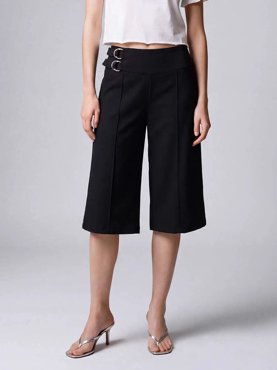 Black Double Buckle Pleated High-waisted Wide-leg Pants