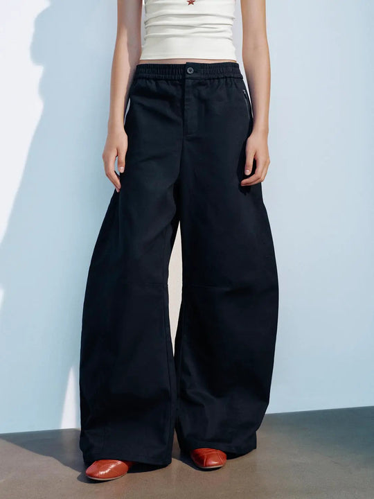 Elastic Waist Black Cotton Wide-leg Pants