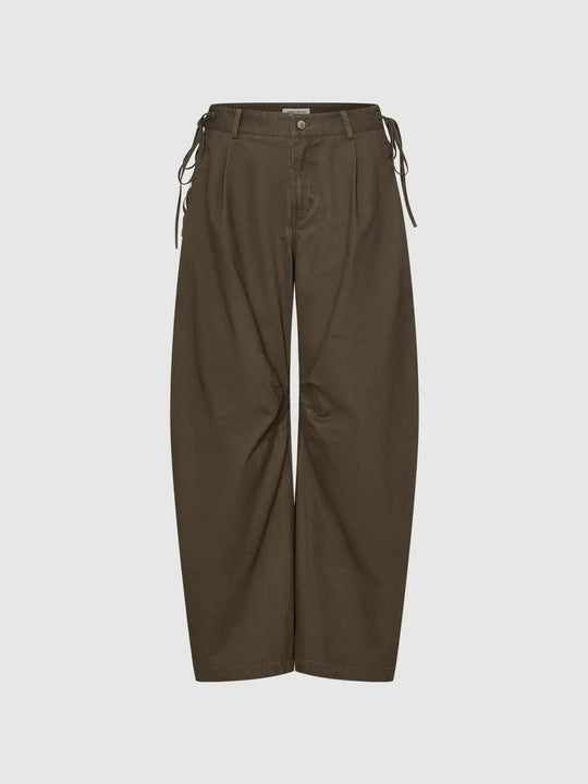 High-waisted Pleated Side Tie Cotton Wide-leg Pants