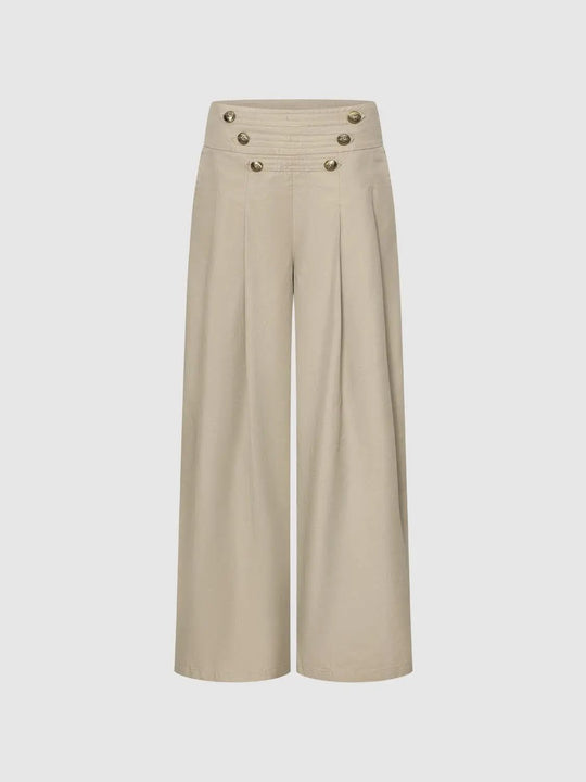 Pleated Button Mid-rise Cotton Blend Wide-leg Pants