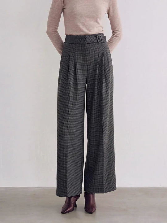 Pantalon large taille mi-haute à carreaux, avec ceinture et plis sur le devant
