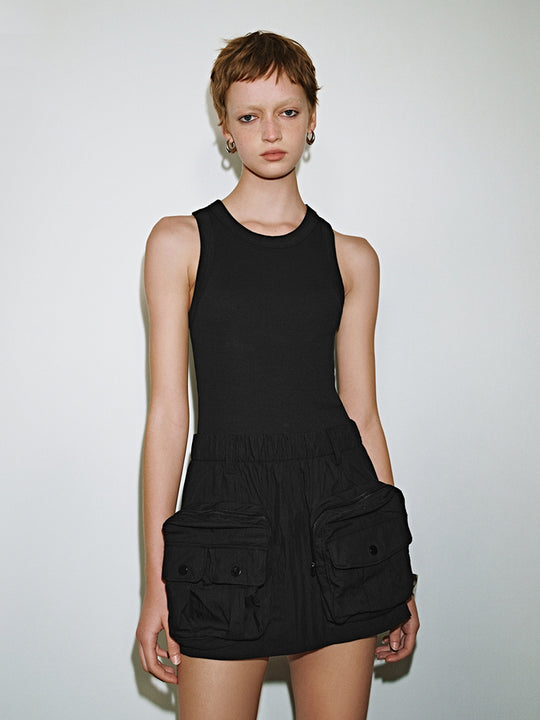 Flap Pocket Sleeveless Skater Dresses