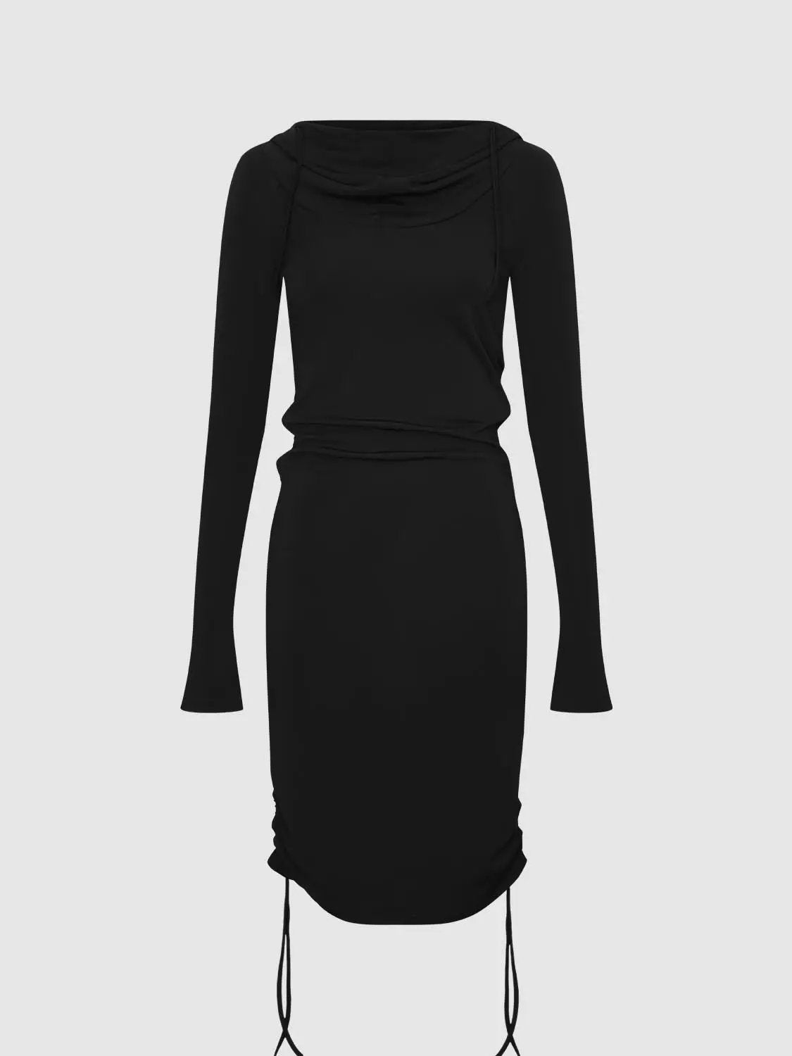 Hooded cowl-neck ruched drawstring slim-fit mini dress, black, long sleeves