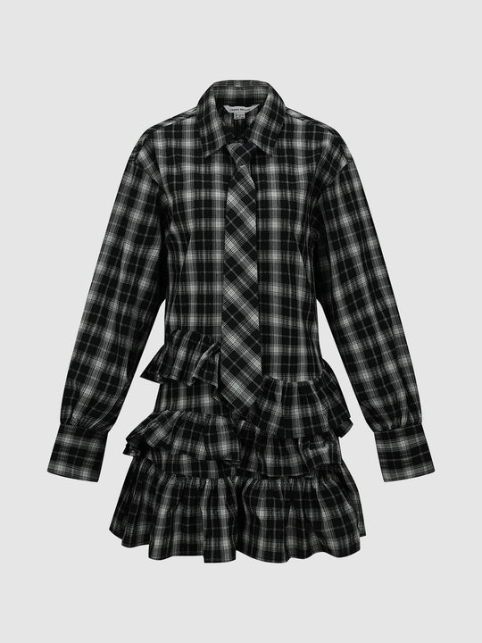 Ruffle Trim Check A-Line Tiered Midi Dresses