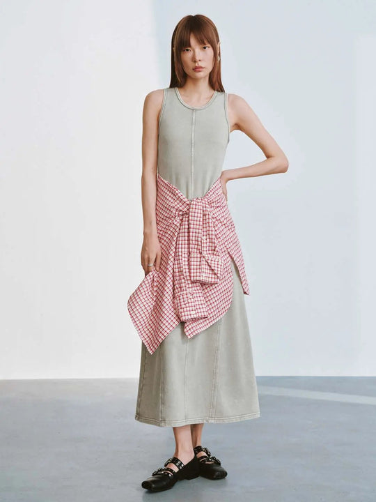 U-Neck Sleeveless Seamed A-Line Cotton-Blend Midi Dress