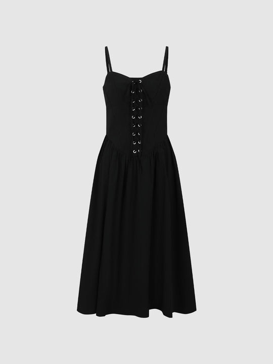 Lace-Up Strappy A-Line Midi Dresses
