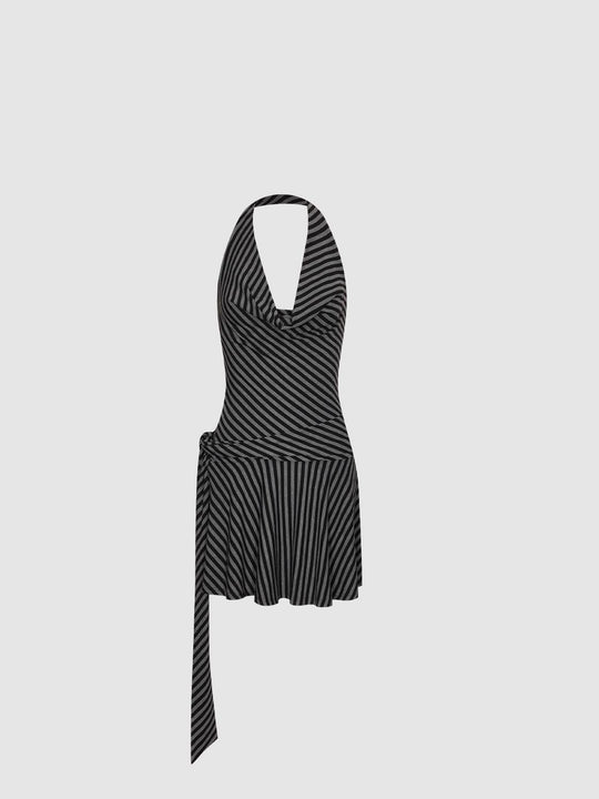 Halter Cowl Neck Striped Sleeveless Straight Midi Dresses