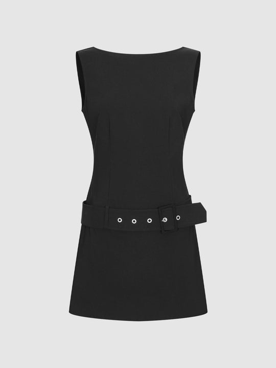 Belted Boat Neck Sleeveless A-Line Midi Dresses