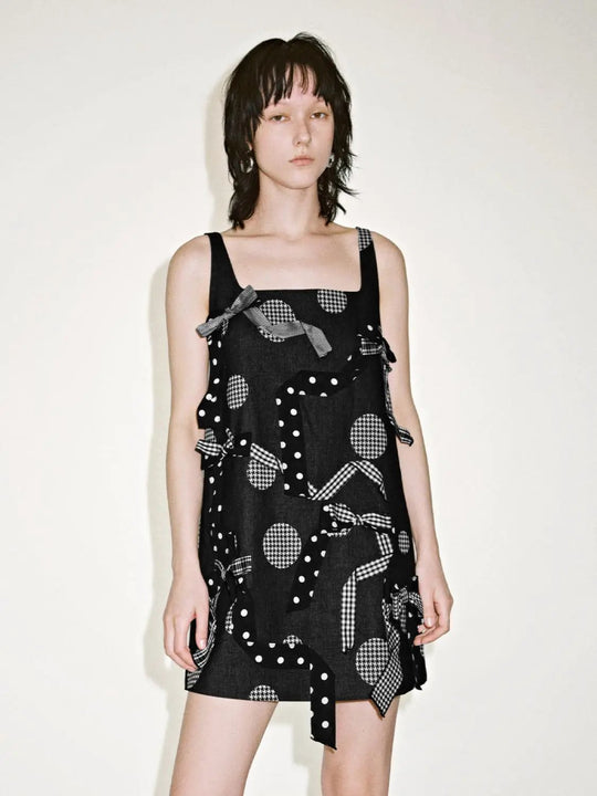 Check Bow Applique Strappy A Line Midi Dress