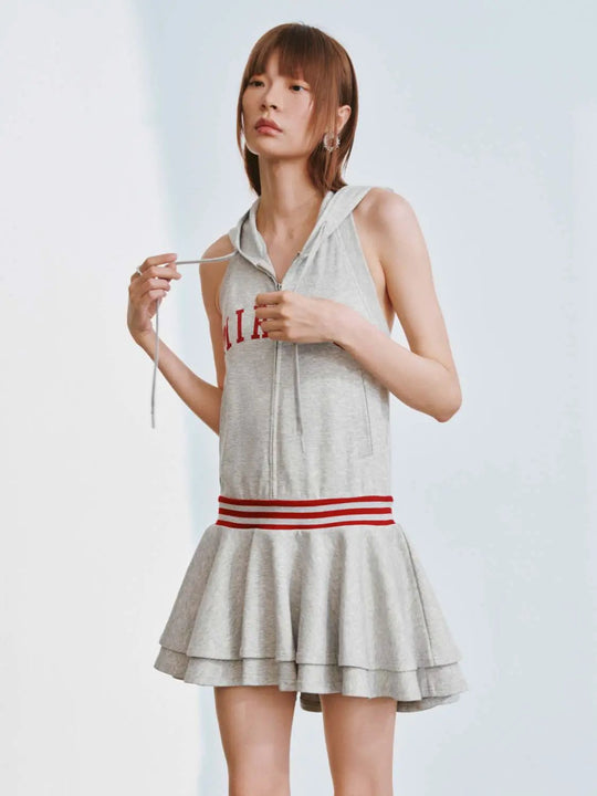 Cotton Blend Hooded Sleeveless Red Stripe Waist A Line Dress