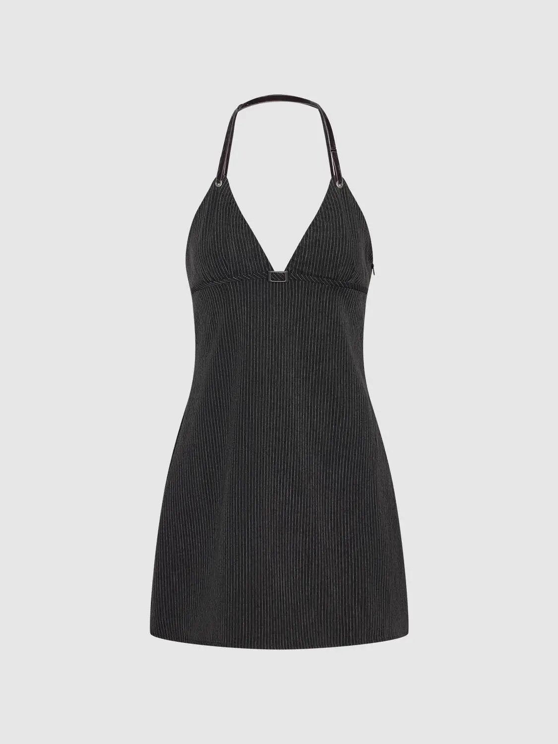A-Line Dress by Urban Revivo Fashion, black pinstripe fabric with halter-neck and waist buckle