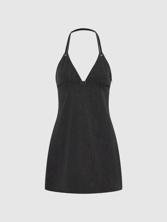 Striped Ribbed A-Line V-Neck Sleeveless Mini Dress