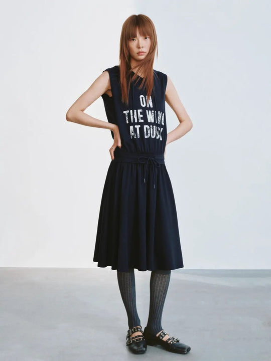 Cotton Sleeveless Drawstring Pleated A Line Midi Dresses