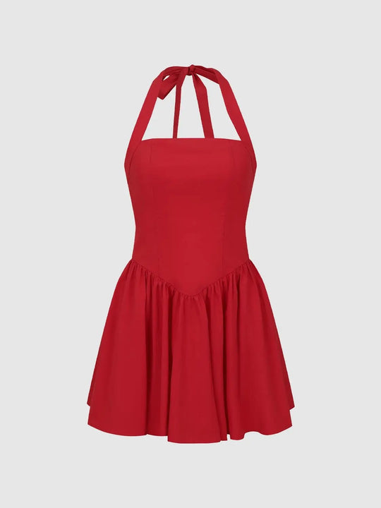 Halter Neck Shirring Detail A Line Mini Dress For Summer