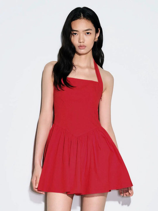 Halter Neck Shirring Detail A-Line Mini Dresses For Summer
