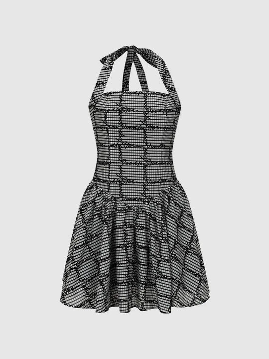 Checkered Script Print Stretch Fabric Halter Neck A-Line Mini Dresses
