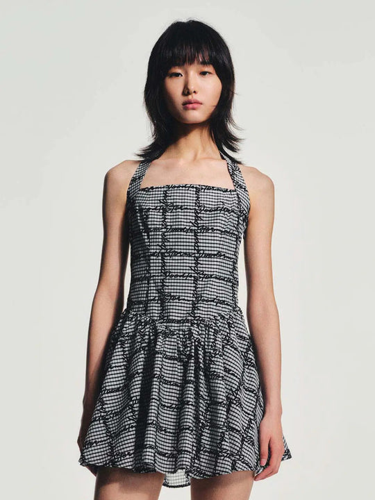 Checkered Script Print Stretch Fabric Halter Neck A-Line Mini Dress