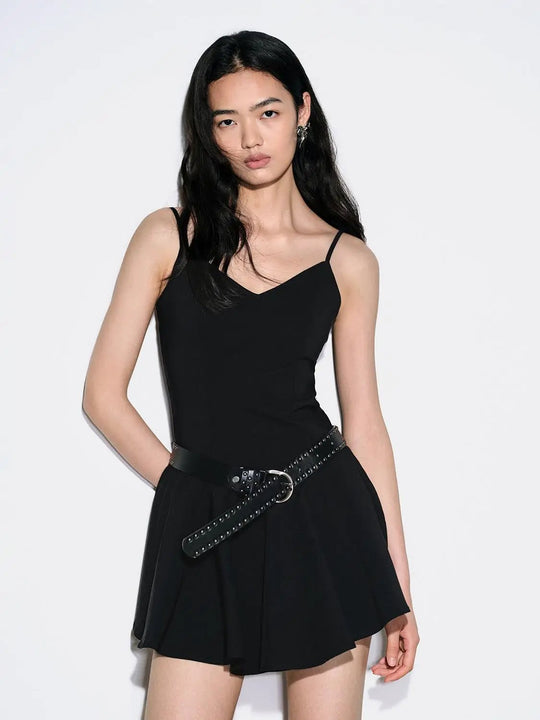 Crepe Strappy Nipped-Waist Pleated A-Line Midi Dress