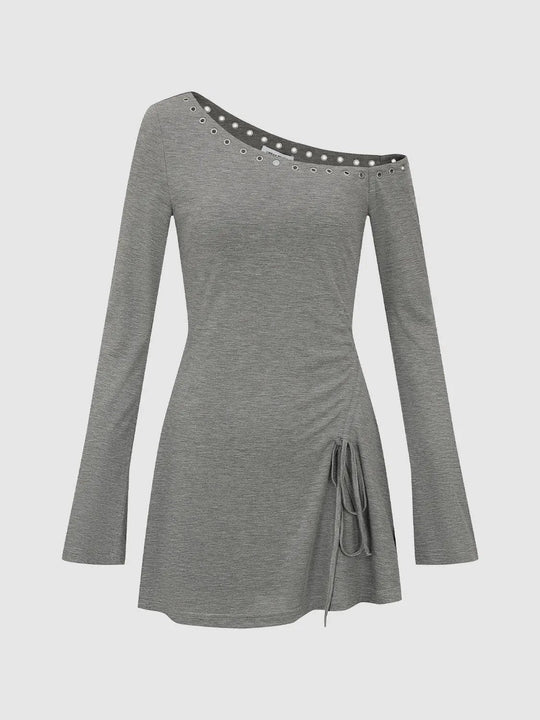 Grey Knit One Shoulder Dress With Studded Trim Tie Midi Dresses