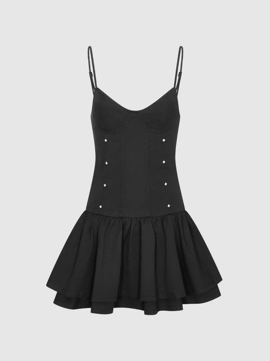 Cotton Elastane Shell Corset Bodice With Ruffle A-Line Midi Dresses