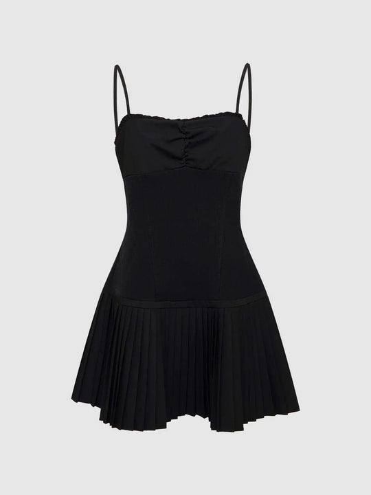 Cotton Knit Ruched Bodice With Knife Pleated Skirt And Subtle Seam Detailing Dress