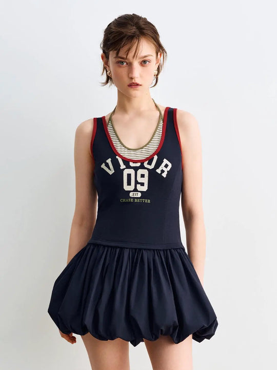 Sleeveless Graphic Text Print Puffed Cotton Dress