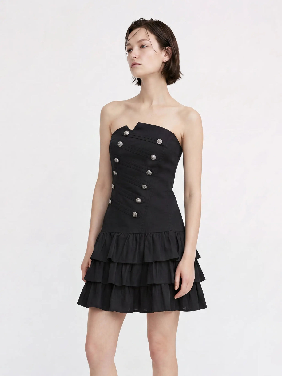 Strapless Corset Bodice Tiered Hem Cotton Linen Dress in black by Urban Revivo Fashion