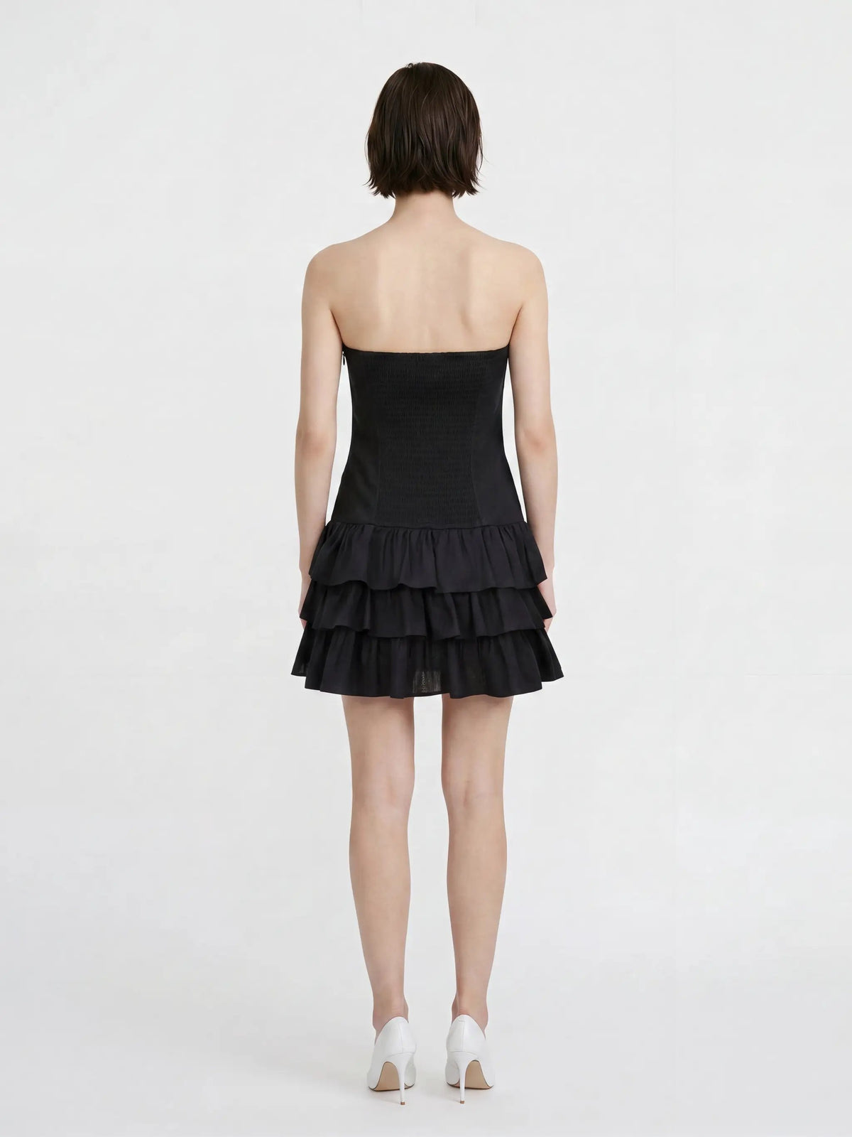 Strapless Corset Bodice Tiered Hem Cotton Linen Dress in black by Urban Revivo Fashion