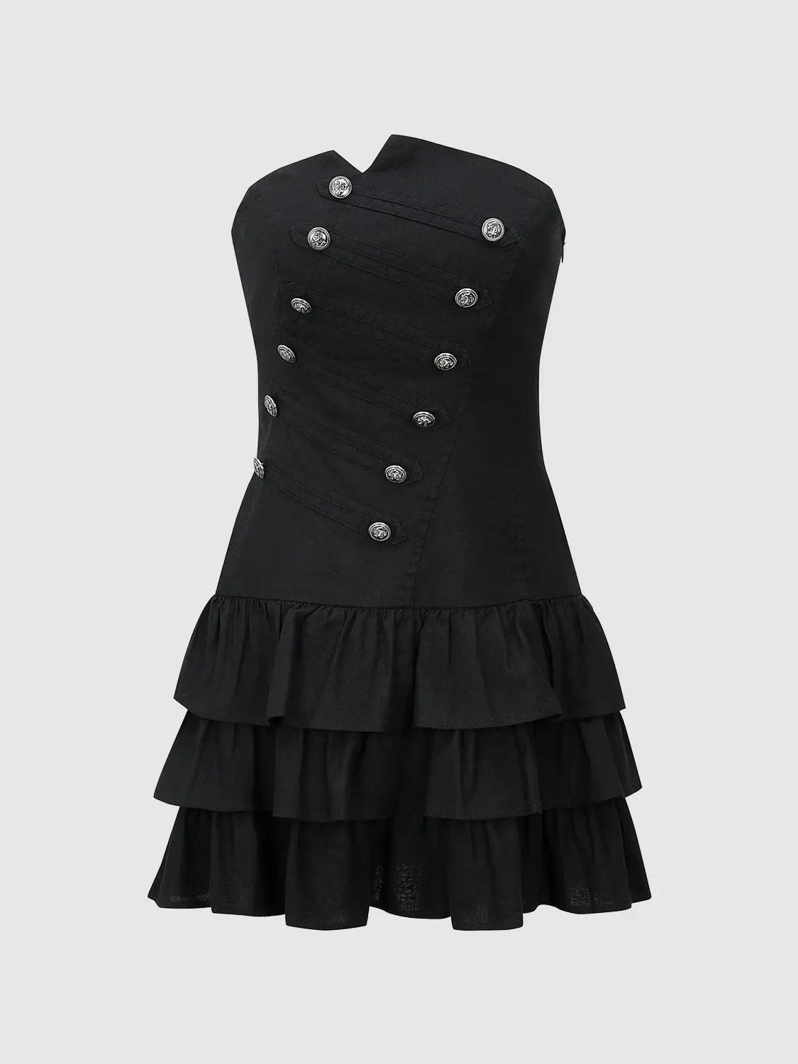 Strapless corset bodice dress with tiered ruffle hem in black cotton linen
