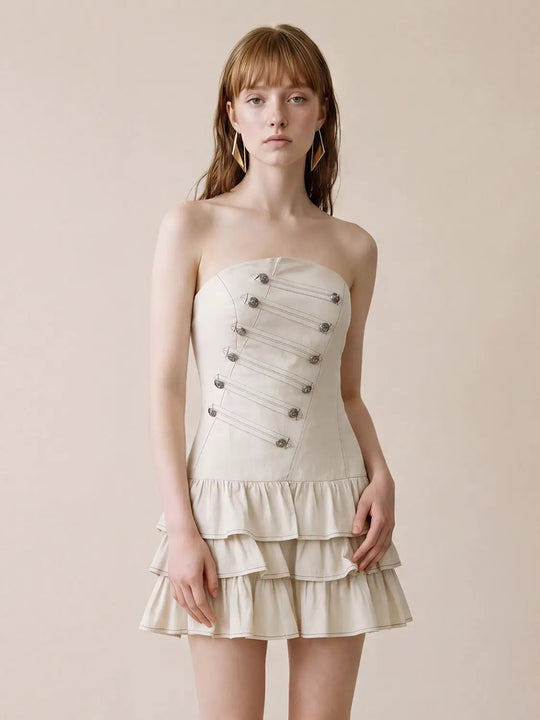 Strapless Corset Bodice Tiered Hem Cotton Linen Dress