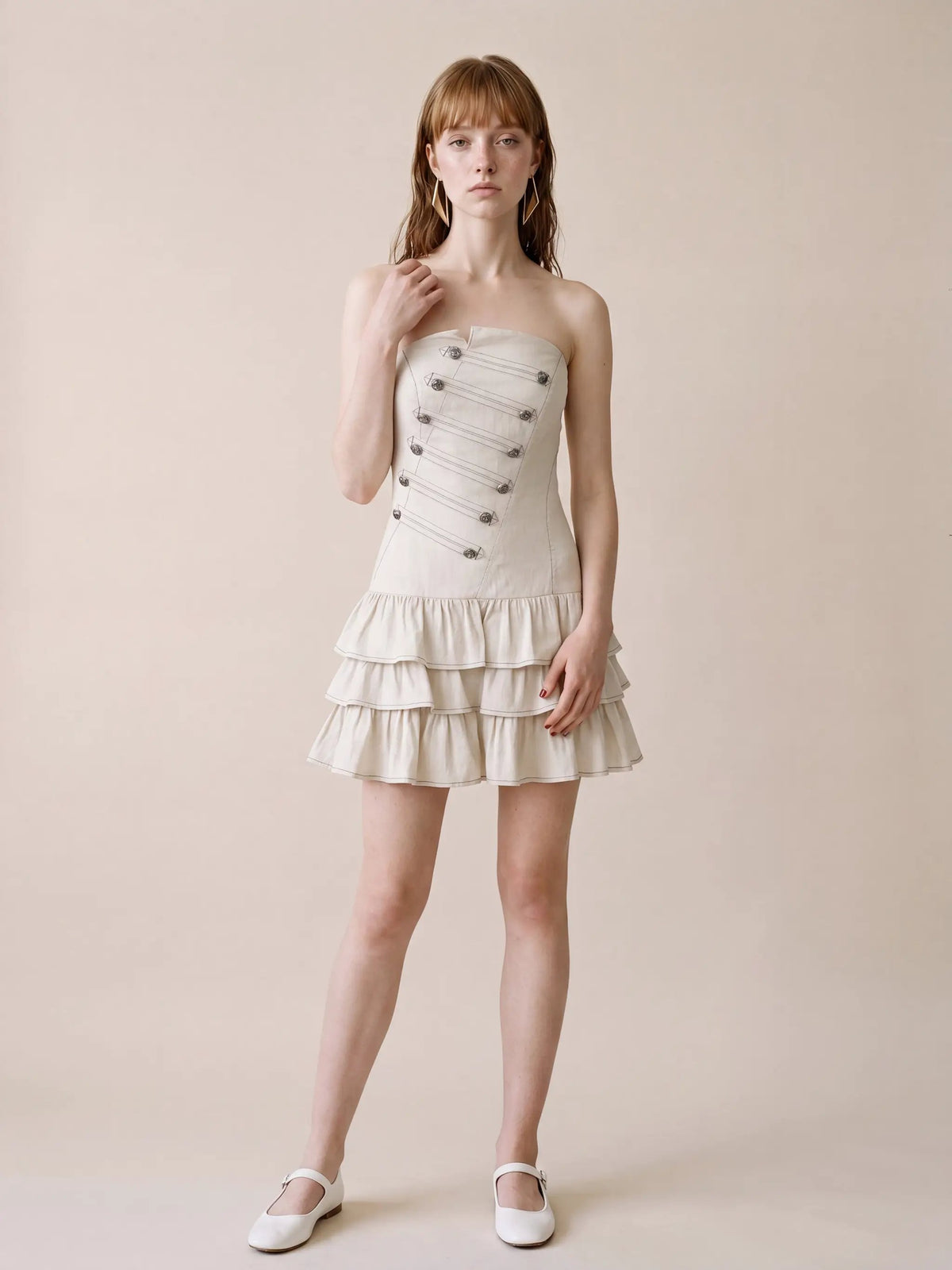 Strapless corset-bodice cotton-linen A-line dress in ivory with tiered-ruffle hem, Urban Revivo