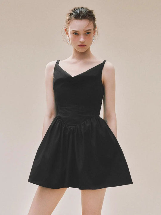 Gathered A-Line V-Neck Sleeveless Cotton Blend Dress