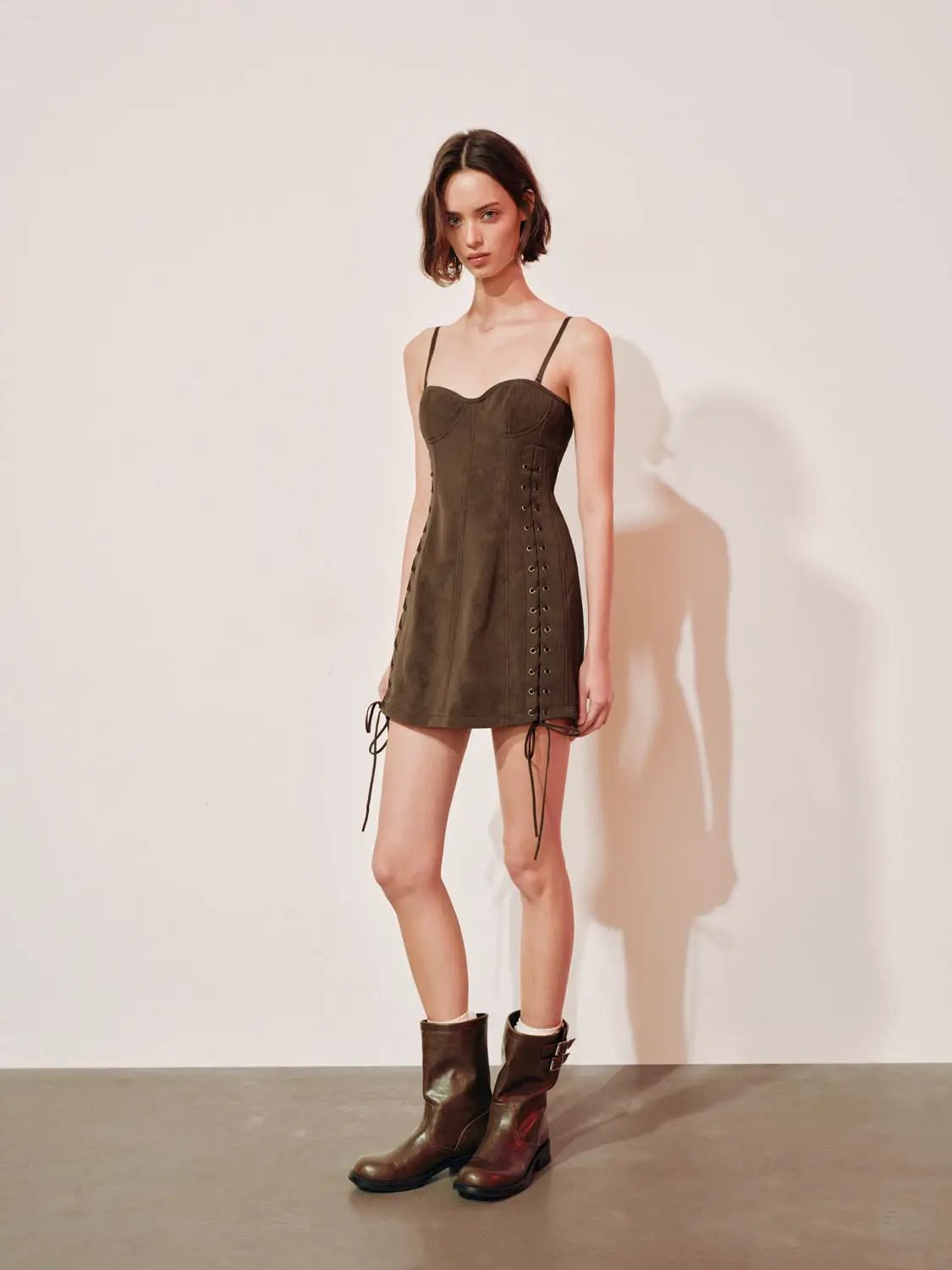 Lace-up Faux Suede Corset Sleeveless Mini Dress in olive-brown