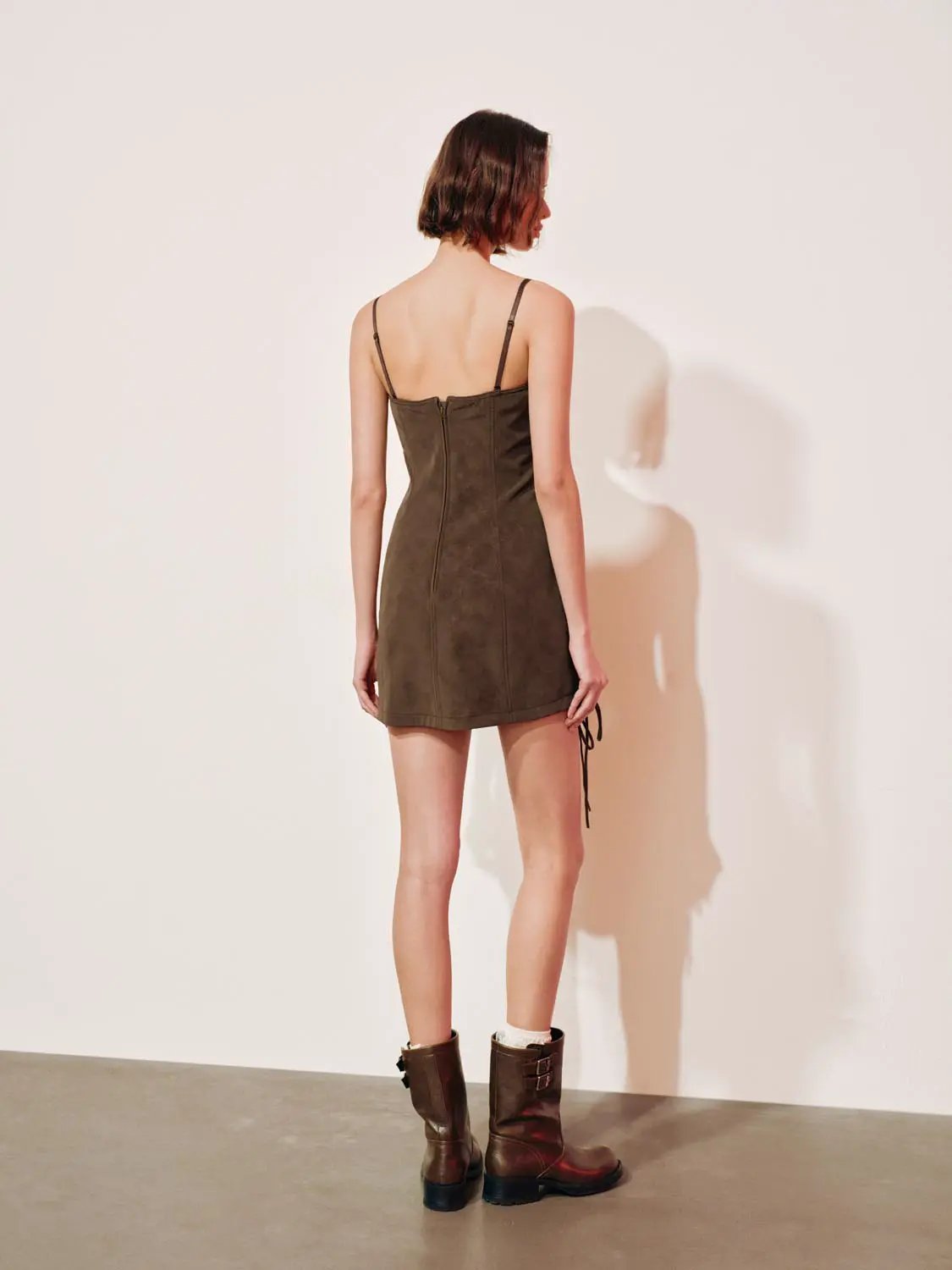 Lace-up faux suede corset sleeveless mini dress in brown with back zipper