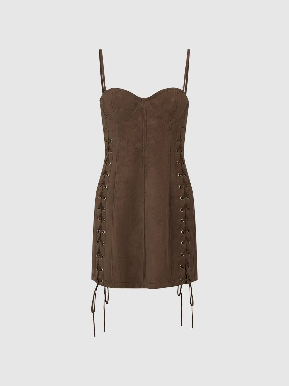 Lace-up faux suede corset sleeveless mini dress in brown with side lace-up panels.