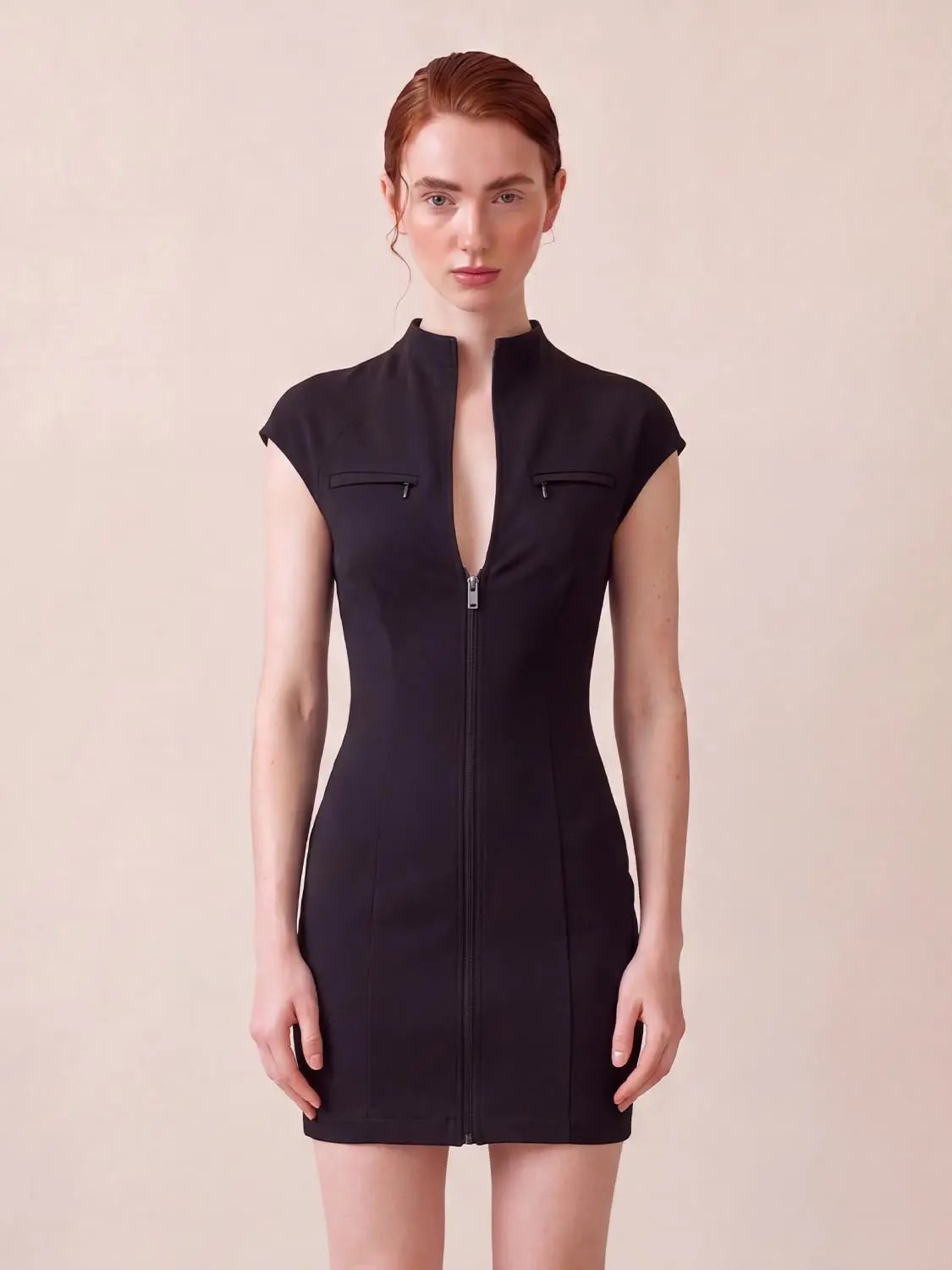 S-Shaped Zip Front Sleeveless Mini Cotton Blend Dress in black with front zipper and two chest pockets