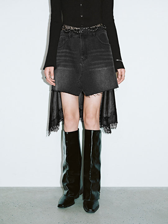 Irregular Lace Denim Paneled Skirts
