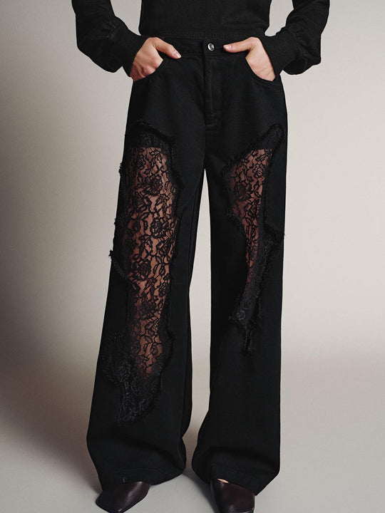 Jeans de pierna ancha con encaje bordado