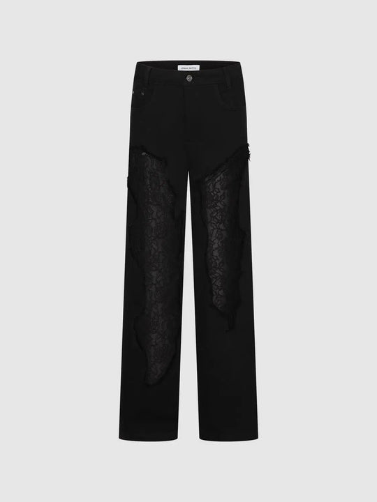 Wide-Leg-Baumwolljeans mit hohem Bund und aufgerissenen Spitzeneinsätzen