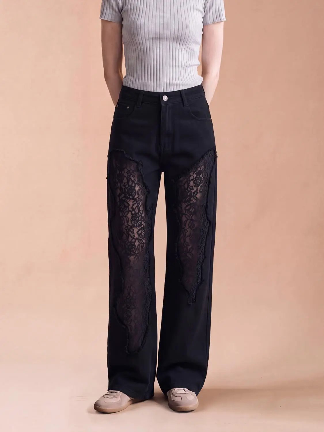 High Rise Ripped Lace-Panel Wide-Leg Cotton Jeans in Black