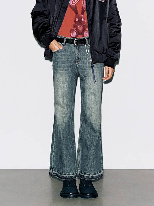 Belted Raw Hem Flare Leg Jeans