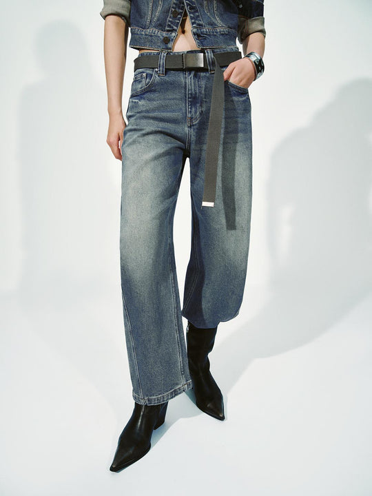 Belted Washed Barrel Leg Jeans