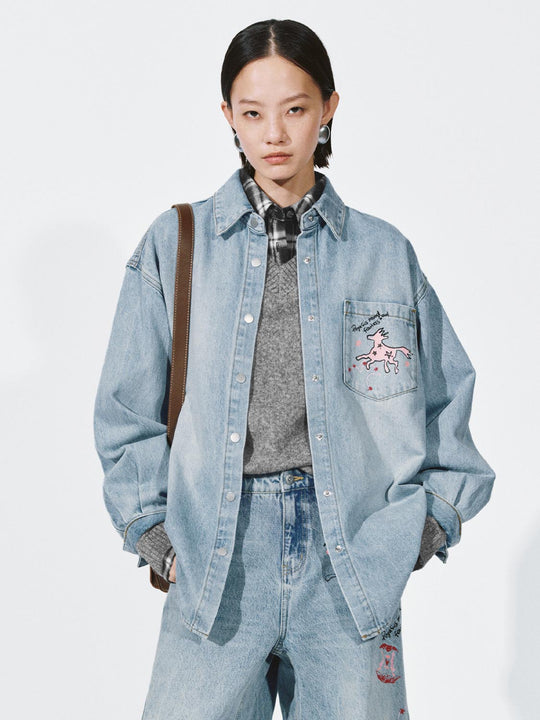 Embroidered Patch Pocket Denim Shirts