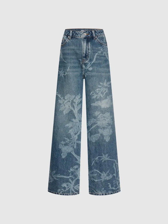 Cotton Floral Print High-Waisted Wide-Leg Jeans