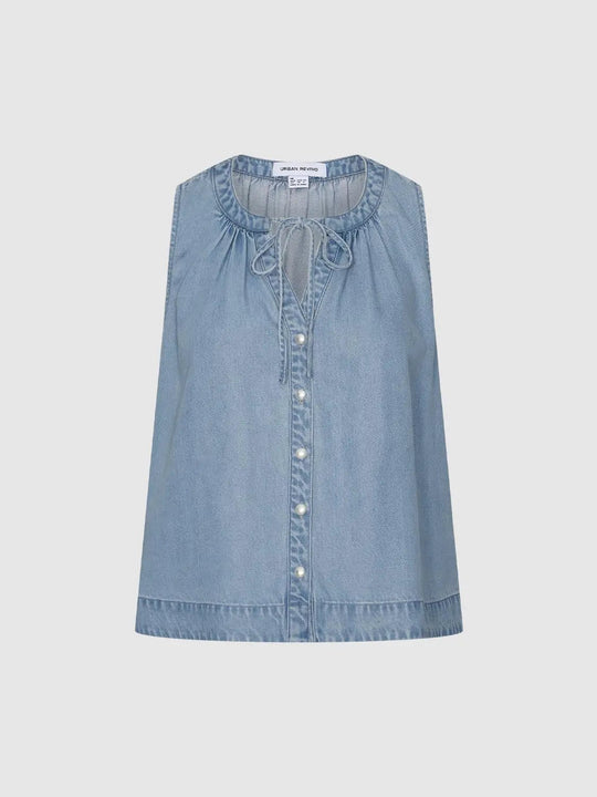 Tie Front Crew Neck Sleeveless Denim Shirts